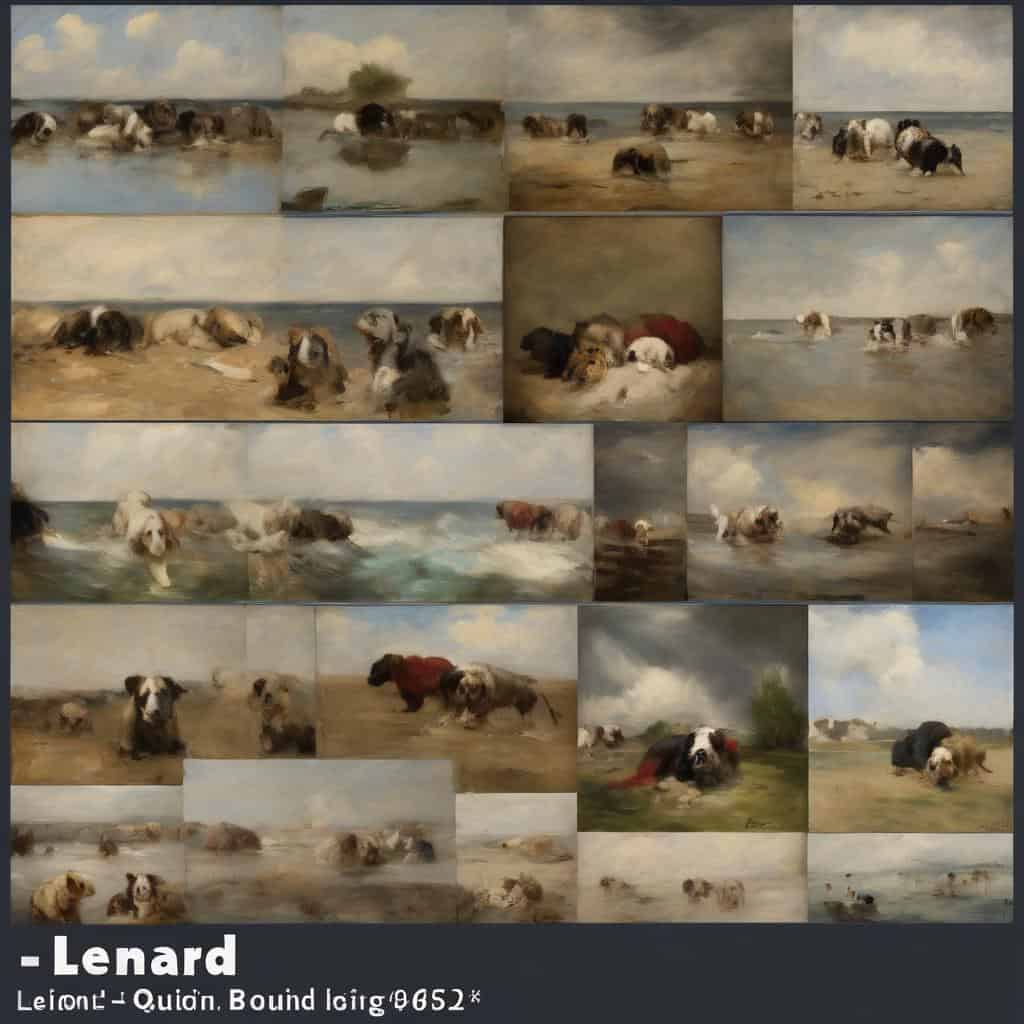 Αιχμηρή ζωγραφική με σκυλιά στην παραλία και τη θάλασσα, δημιουργική και καλλιτεχνική ανατροπή.