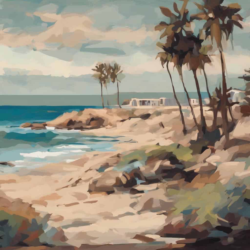 Καλλιτεχνική ανατροπή στη δημιουργία, παραλία με φοίνικες και σύγχρονη αρχιτεκτονική, δημιουργική και καλλιτεχνική έκφραση.