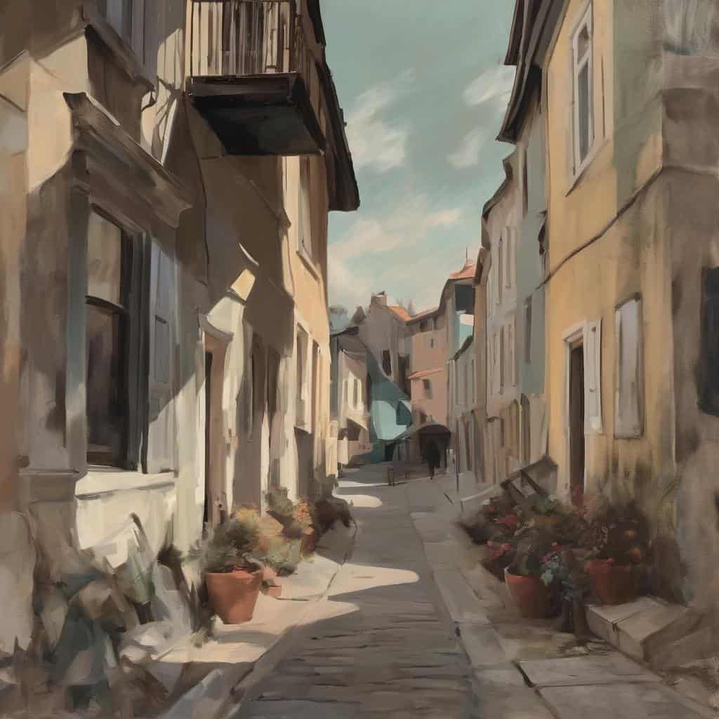 Παλιό σοκάκι σε φθινοπωρινή σκηνή με καλλιτεχνική διάθεση και δημιουργική ανατροπή.