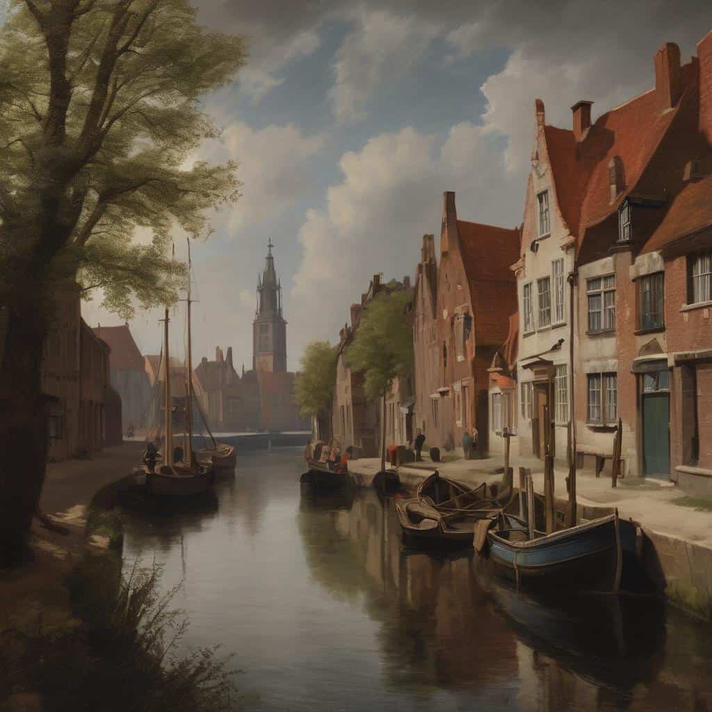 Ζωγραφική με τίτλο Δημιουργία και καλλιτεχνική ανατροπή, απεικονίζει γραφικά σπίτια και έρημο λιμάνι.