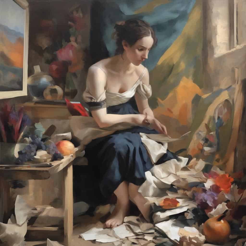 φωτογραφία ζωγραφικής με νέα δημιουργία και καλλιτεχνική ανατροπή, νεαρή γυναίκα διαβάζει βιβλίο σε καλλιτεχνικό στούντιο.